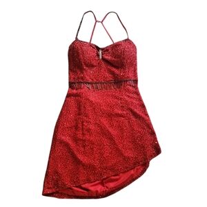 Vintage Red 100% Pure Silk Beaded Asymmetrical Hem Strappy Mini Dress Sexy Small